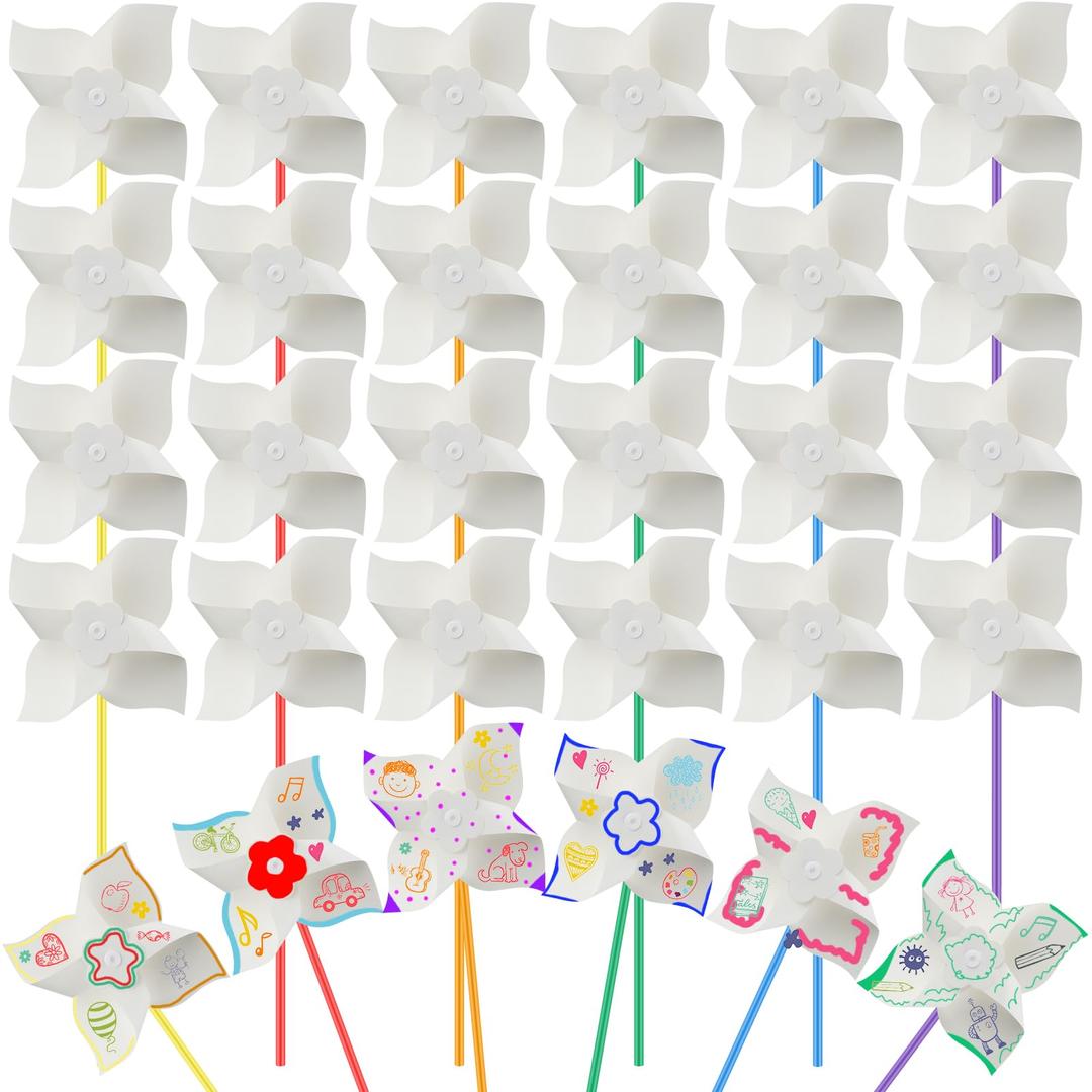 Poen 48 Pcs DIY Pinwheels Craft White Blank Paper Pinwheels Color Your Own Pinwheels for Kids Boys Girls Summer Activity Arts and Craft Daycare Project Party Favor, 5 Inches