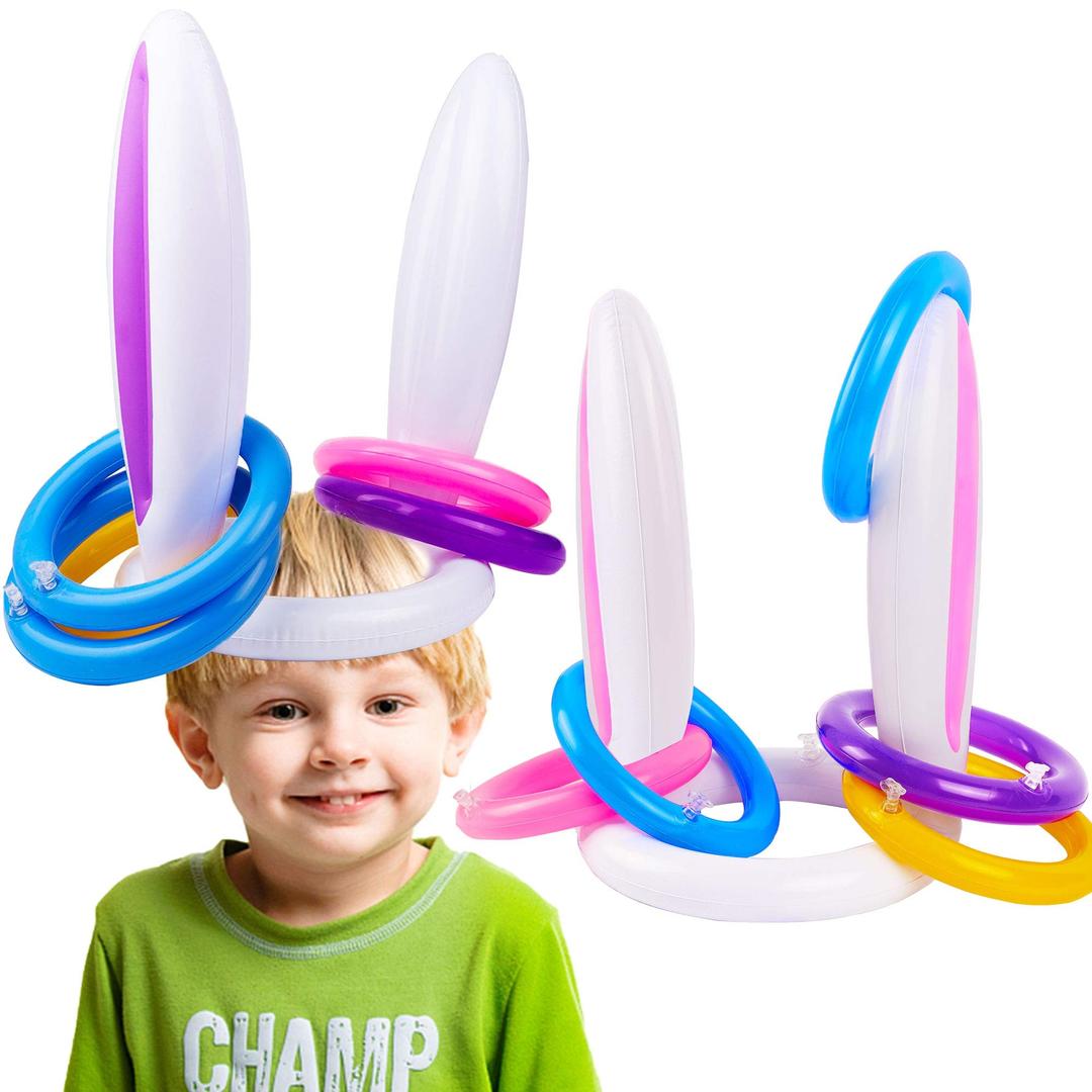 Zcaukya Easter Ring Toss Game for Kids, 2 Set Inflatable Bunny Ears Ring Toss Game Set with 8 Rings, Easter Bunny Ring Toss for Kids Birthday Party Game, Easter Party Favors, Fun Children Games