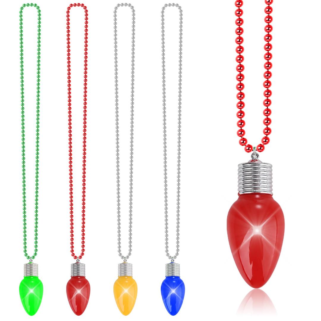 4PCS Christmas Light Necklace, Glow Christmas Necklace with Bulb Pendent, Red Yellow Green Blue 3 Modes Xmas Necklace Bulk, 3D Christmas Necklace Accessories for Ugly Sweater New Year Family Party