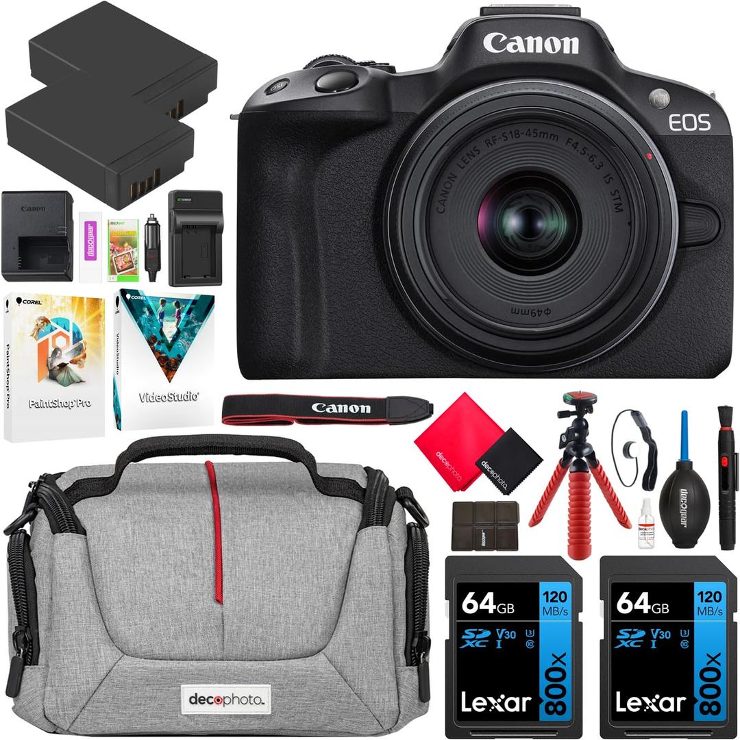 Canon EOS R50 Mirrorless Camera (Black) with RF-S 18-45mm F4.5-6.3 is STM Lens 5811C012 Bundle with Deco Gear Photography Bag + 2 x Battery + 2 x 64GB Memory Cards + Accessories Kit