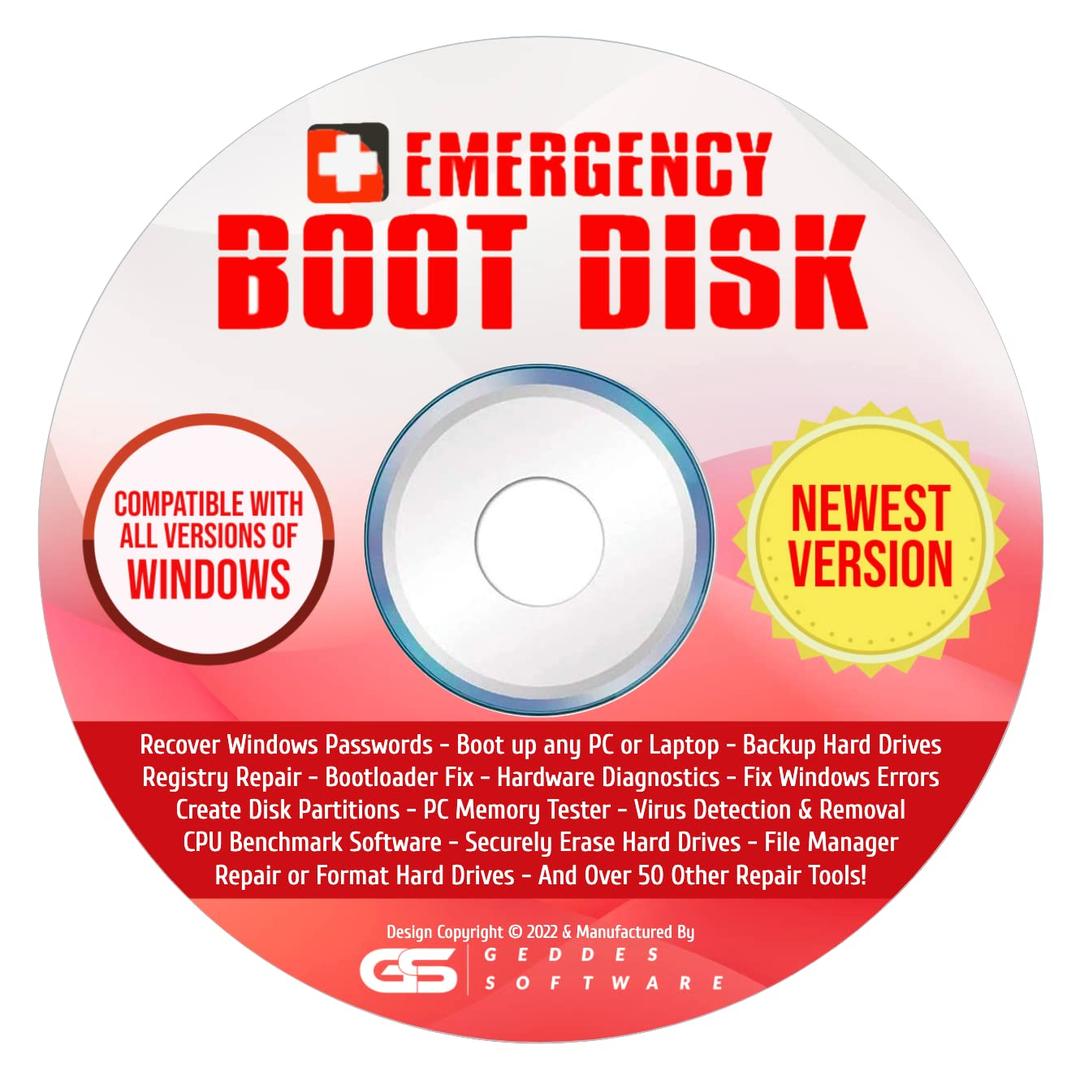 Geddes Emergency Boot Disk Software for Windows 11, 10, 8, 7 Vista, XP, 2000 All in One PC Repair and Diagnostics DVD Tools For All Brands of Desktop and Laptop PC Latest Version