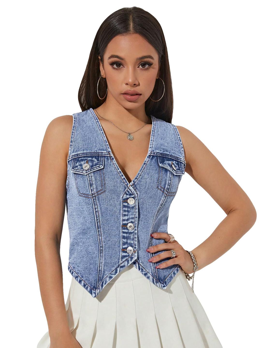 VerdusaWomen's V Neck Asymmetrical Hem Sleeveless Button Front Denim Vest Top