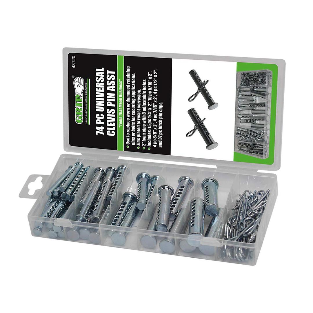 Grip 74 pc Universal Clevis Pin Assortment - Zinc Plated - 2" Long Pins with 8 Adjustable Holes - 1/4” x 2”, 5/16” x 2”, 3/8” x 2”, 7/16” x 2”, 1/2” x 2”, Hitch Pin Clips - Home, Garage, Workshop