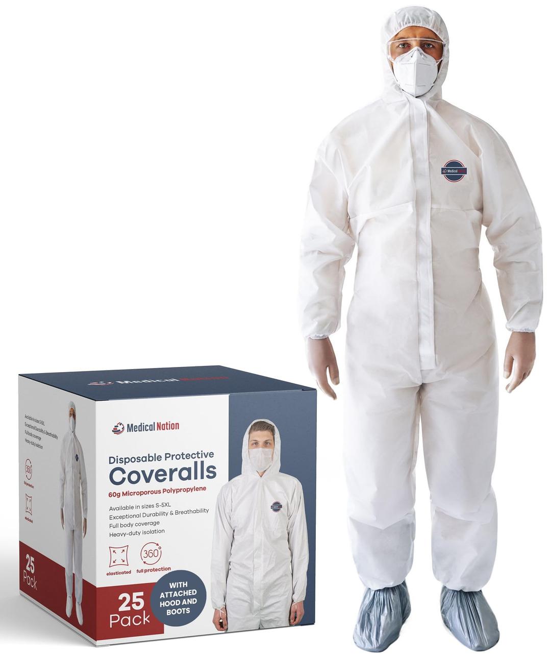 Medical Nation Hazmat Suits | 25 Pack, Extra Large | with Attached Hood and Boots - Disposable Protective Coveralls, Heavy Duty Full Body Painters Suit for Adults - Breathable & Water Resistant | XL