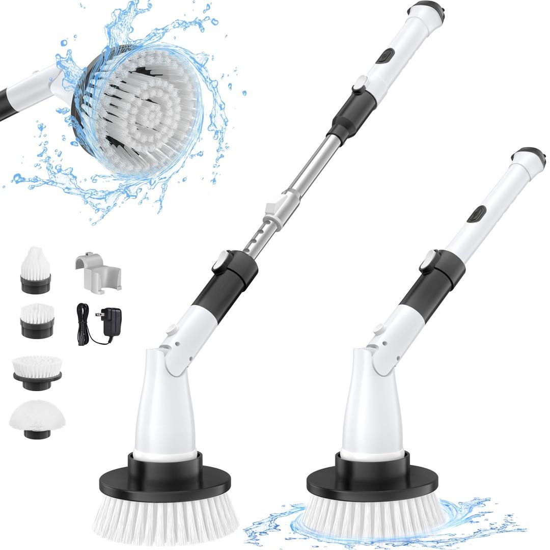 Sweepulire Electric Spin Scrubber, Electric Bathroom Scrubber with Adjustable Extension Arm, 2 Spin Speeds, 4 Replaceable Brush Heads, Power Scrubber for Cleaning Bathroom, Shower, Tub, Tile, Floor