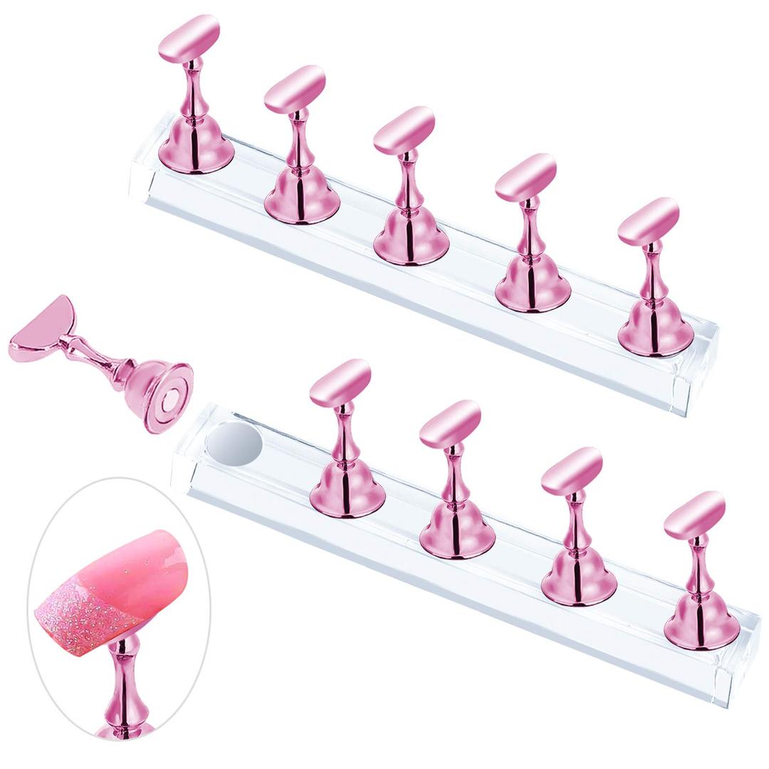 JUSTOTRY 2 Sets Pink Nail Stand for Press on Nails Display, Magnetic Fake Nails Holder for Painting Nails Practices, Beginner Acrylic Nail Art Kit Accessories, Nail Salon Equipment and Decor