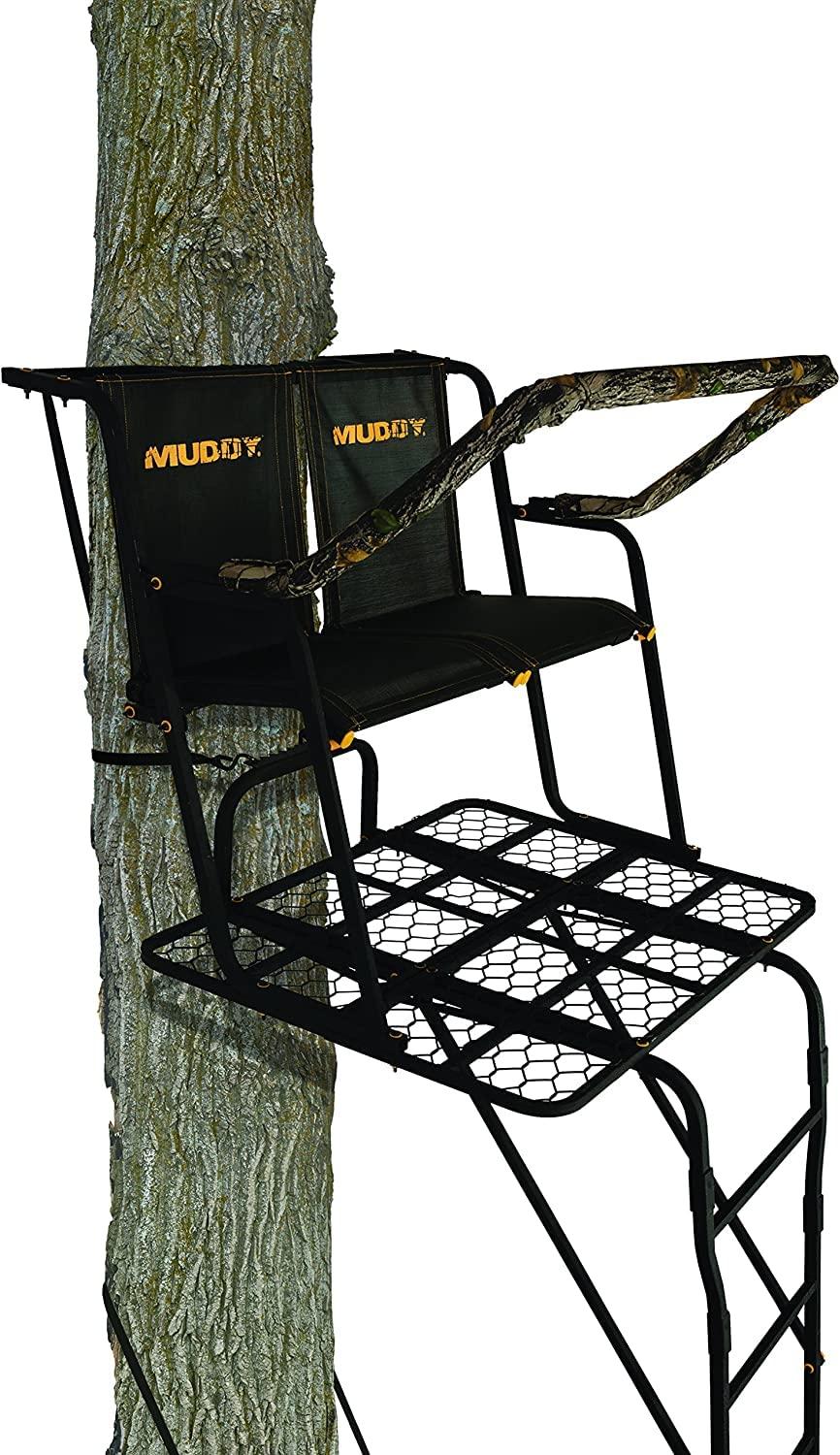 Muddy Partner Ladder Stand - 17' Height Durable Weather-Resistant Outdoor Hunting 2 Person Tree Stand with Extra Large Flex-Tek Seats & 40" W x 33" D Foot Platform, 500 Pound Maximum Capacity