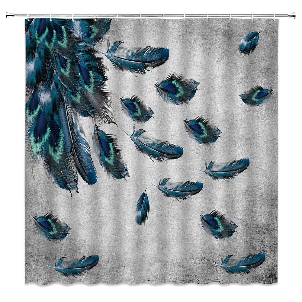 Xnichohe Peacock Feathers Shower Curtain Turquoise Teal Grey Peafowl Tail Feather Retro Classical Noble Oriental Women Girl Gray Vintage Floral Bathroom Curtains Fabric Set with Hooks