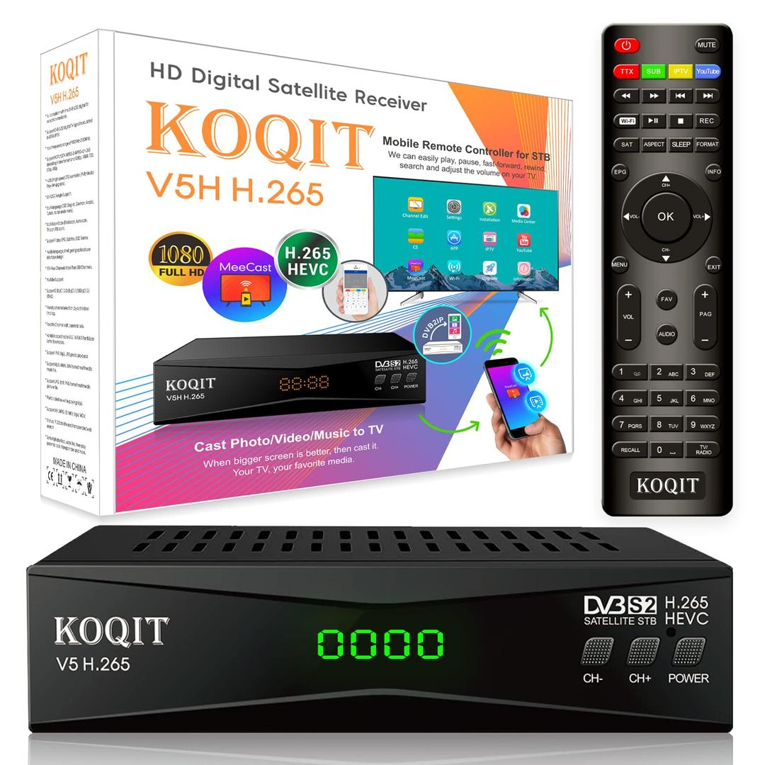 KOQITV5H H.265 Free To Air FTA Satellite Receiver DVB-S2 Satellite TV Receiver HEVC DVB S2 Galaxy 19 Receivers Sat DVB Finder Meecast Biss PVU YouTube TV Decoder DVB2IP Box