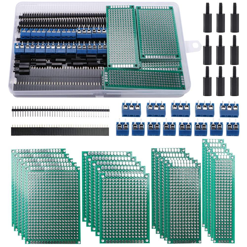 VooGenzek 75 PCS PCB Board Kits, Include 20 PCS Double Sided PCB Board Prototype Circuit Board, 20 PCS Male/Female Header Connector, 15 PCS 2/3Pin Screw Terminal with 20 PCS Nylon Column