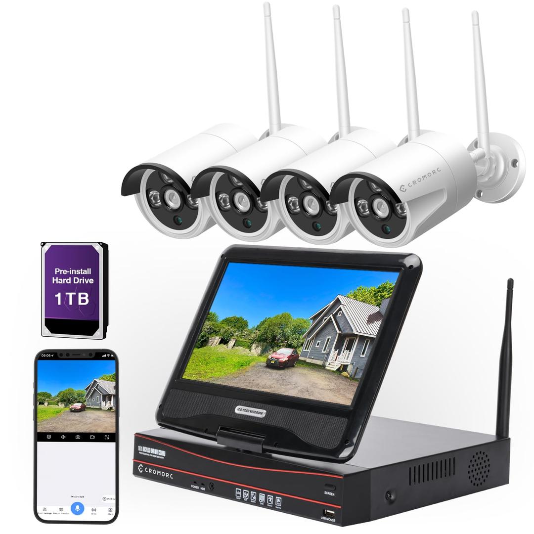 10CH Expandable Wireless Security Camera System with 10.1" Monitor 4pcs 5MP Indoor Outdoor Camera 1-Way Audio Night Vision Motion Detection Home Business CCTV Surveillance 1TB HDD