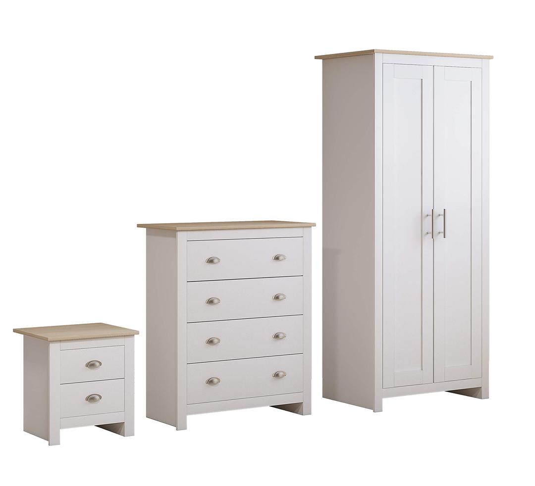 AFN Ossotto Country Style Modern Furniture Set - 2 Door Wardrobe Chest Bedside Cream/White/Grey (White/Oak)