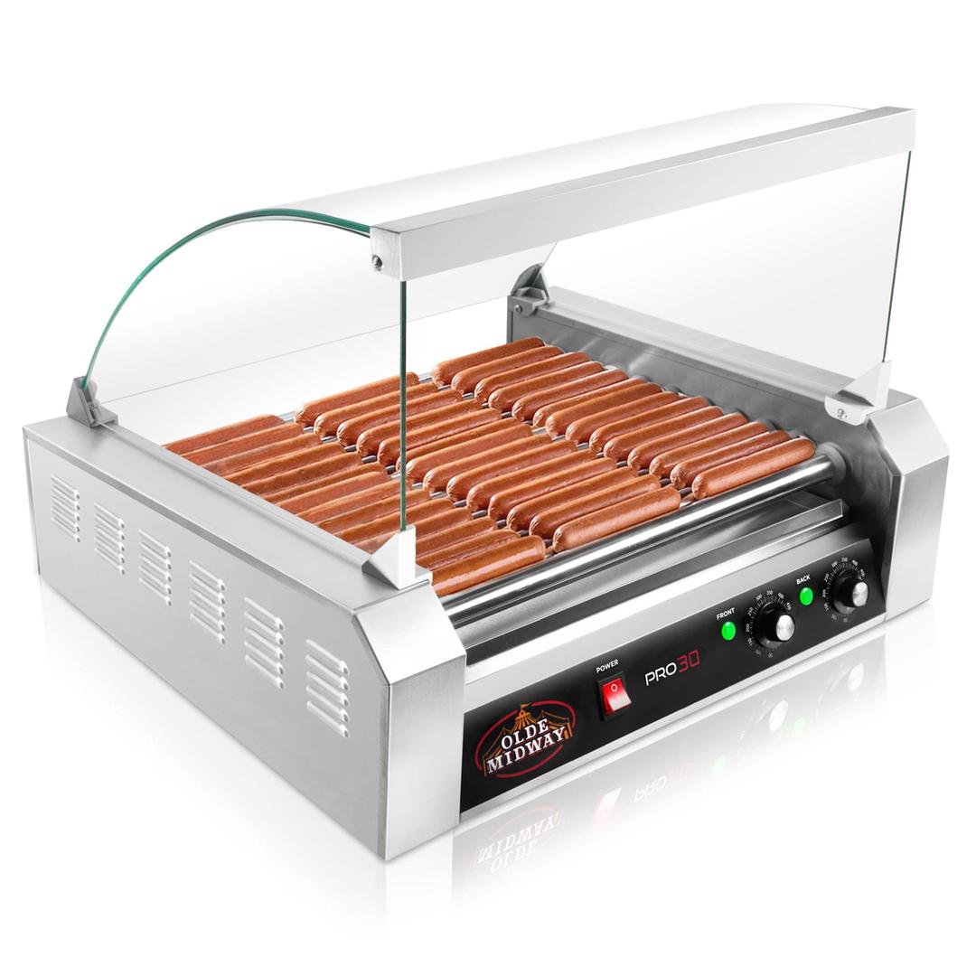 Olde Midway Electric 30 Hot Dog 11 Roller Grill Cooker Machine with Cover 1400-Watt - Commercial Grade