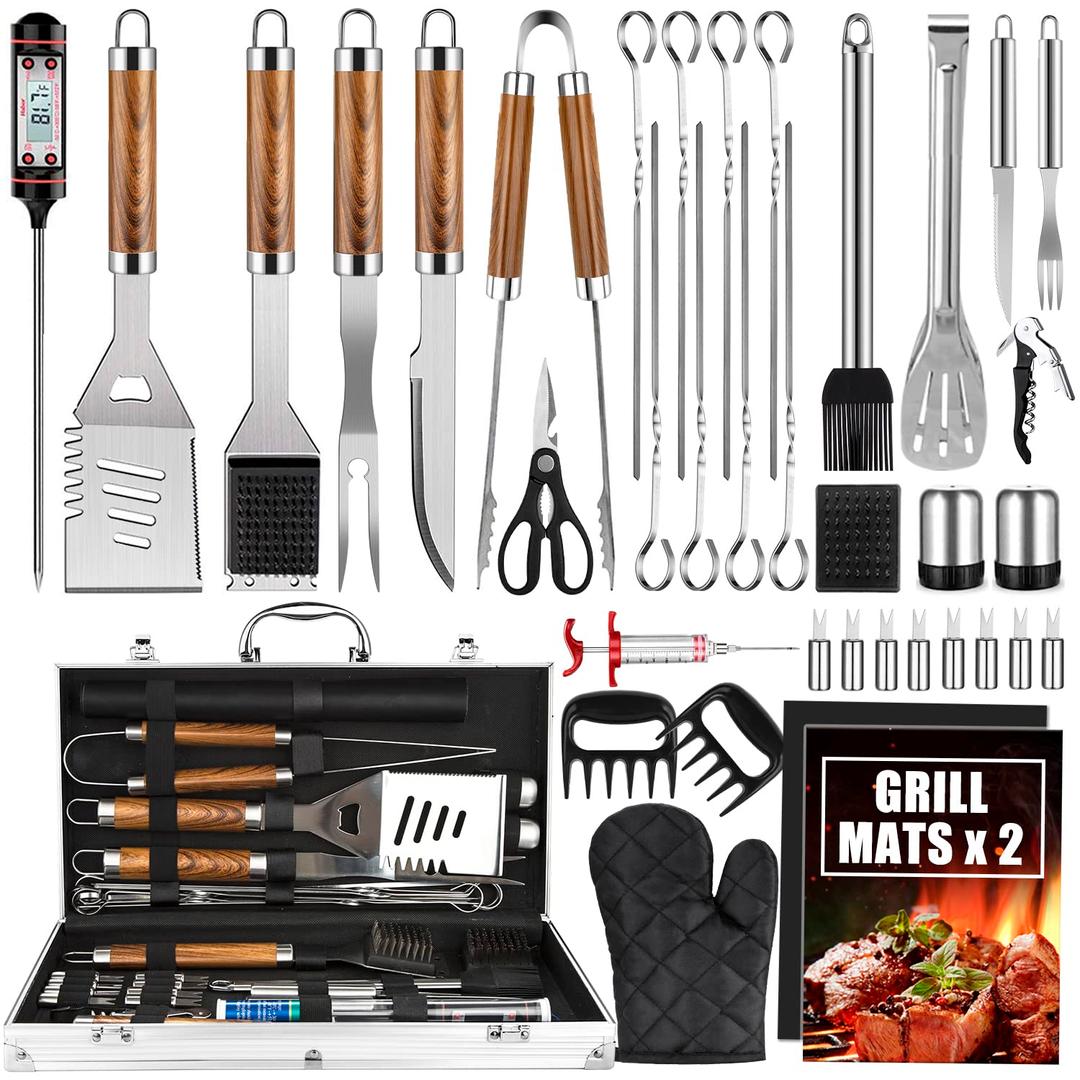 BBQ Grill Accessories Set, 38Pcs Stainless Steel Grill Tools Grilling Accessories with Aluminum Case, Thermometer, Grill Mats for Camping/Backyard Barbecue, Grill Set for Men Women