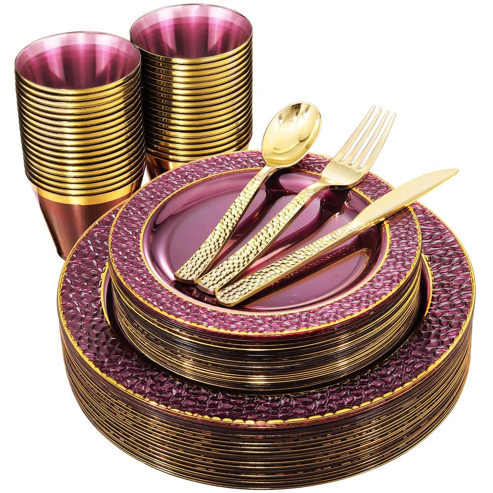 Nervure 150PCS Clear Purple Plastic Plates - Gold Party Plates - Purple and Gold Plates Include: 25Dinner Plates, 25Dessert Plates, 25Cups, 25Forks, 25Knives, 25Spoons for Wedding & Party