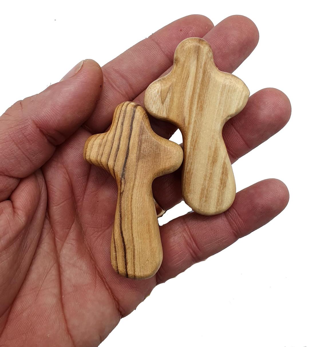 Zuluf Two Small Olive Wood Crosses Pocket Holding Comfort Crosses | Handheld Comforting Design for Clutching, Clinging and With Two Holy Land Certificates 6cm / 2.5 Inch Each Cross - CRS094