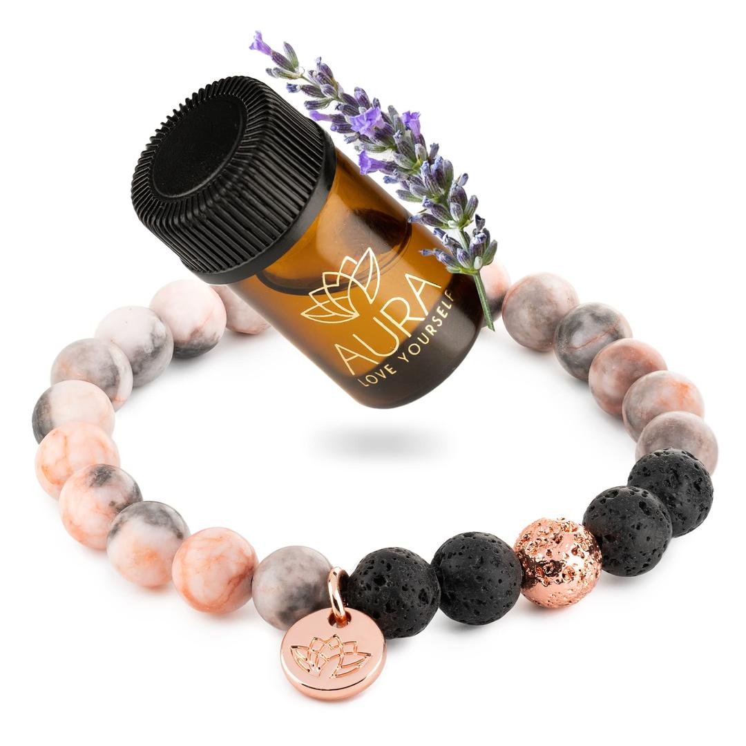 AURA LOVE YOURSELFLava Rock Beaded Diffuser Bracelet for Women with Lavender Essential Oil and 18K Gold-Plated Charm, Soothing Crystal Beads, Boho Stretch Bracelet for Aromatherapy and Self-Care, Birthday Gift for Women