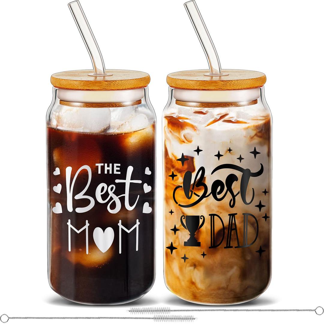 Gerrii Set of 2 Gifts For Mom and Dad, 16oz Beer Glass Gifts for Women Man, Coffee Glass for Parents New Pregnancy New Parents Anniversary Birthday, Ideal Gift for Mother's Day Father's Day