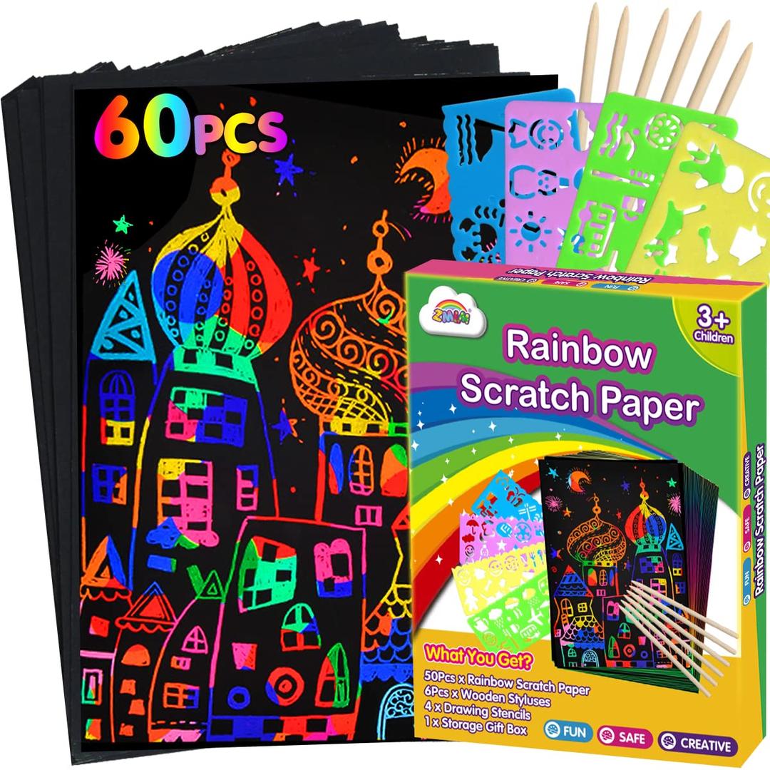 ZMLMScratch Paper Art Set: 60Pcs Magic Drawing Art Craft Kid Black Scratch Off Paper Supply Kit Toddler Preschool Learning Bulk Toy for Age 3 4 5 6 7 8 9 10 Girl Boy Christmas Birthday Party Gift