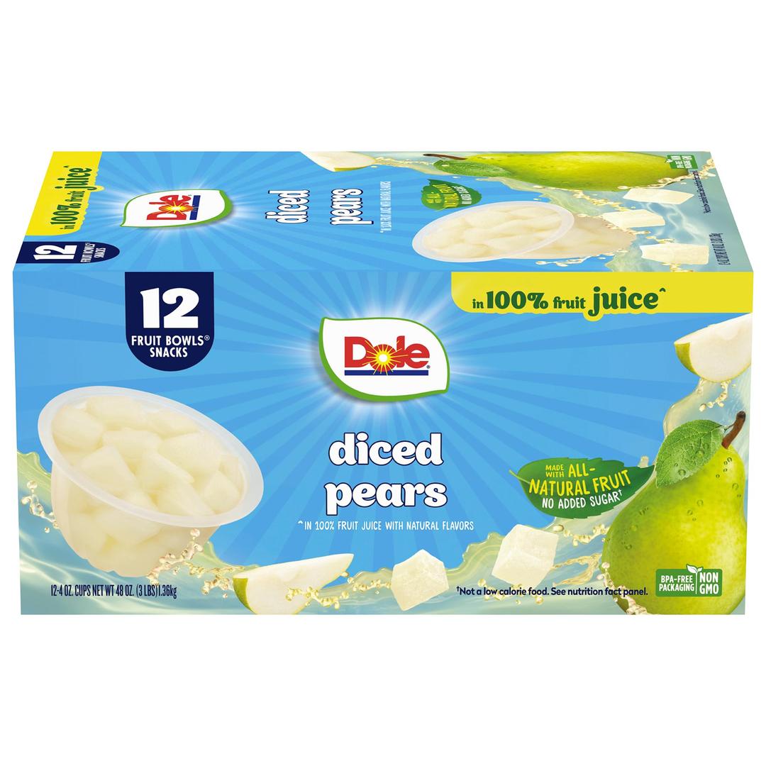 Dole Diced Pears in 100% Juice^ - Dole Fruit Bowls Snacks - 4 oz Fruit Bowls - 12 Pack