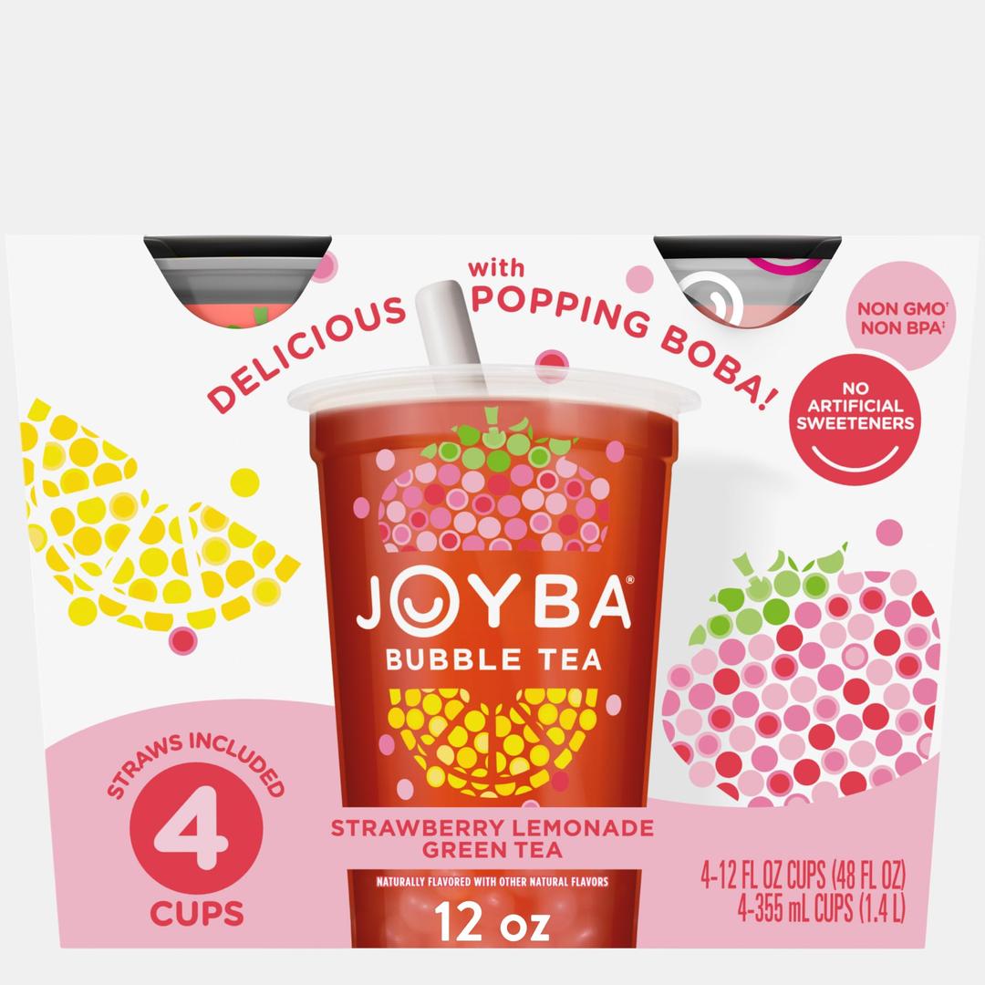 Joyba Bubble Tea Strawberry Lemonade Green Tea, 4 Pack, 12 fl. oz. Cups