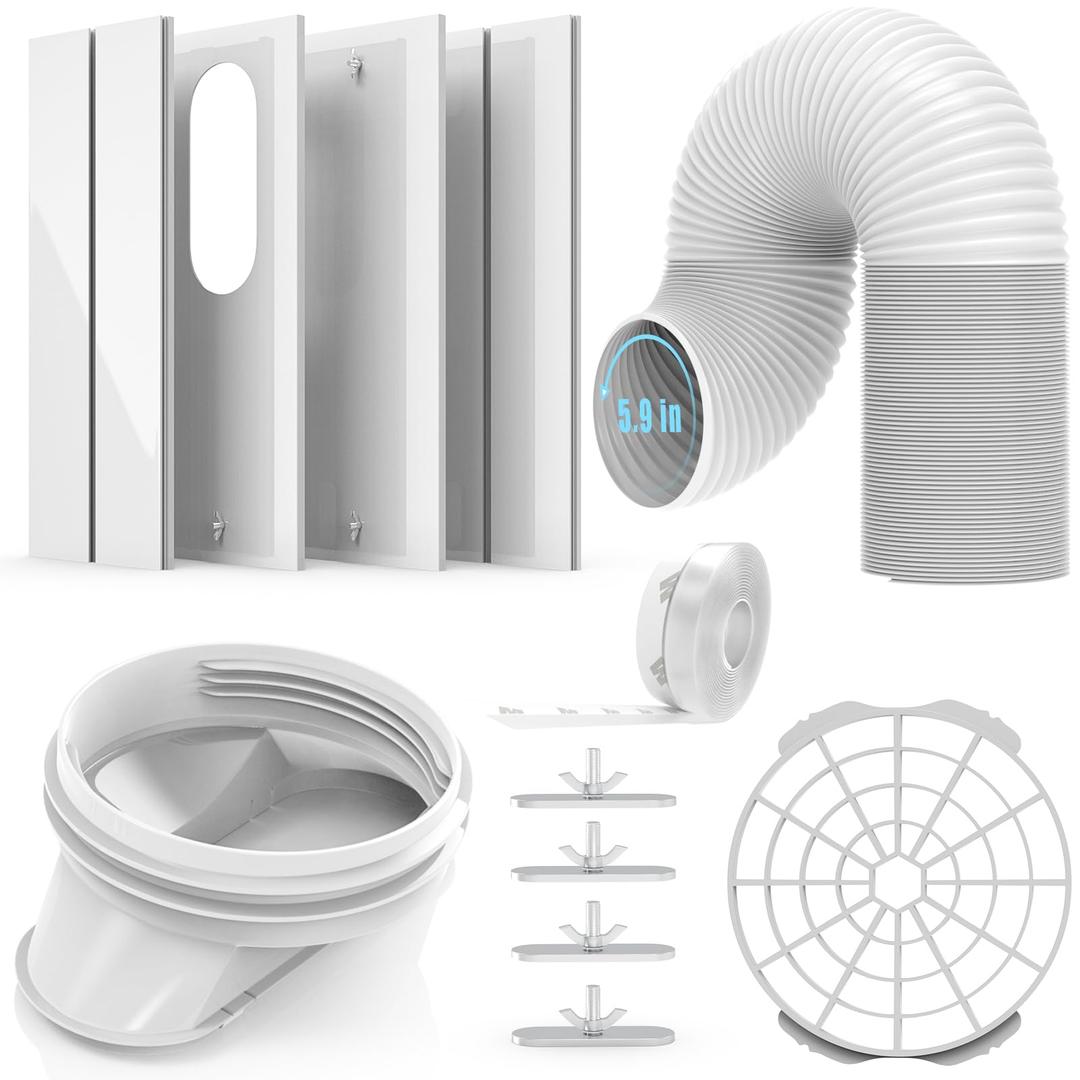 E-SDS Portable Air Conditioner Window Kit with 5.9” Diameter 78" Length Exhaust Hose for Sliding Window, Adjustable AC Window Vent Kit with Counterclockwise Hose and 4 Slide Seal Plates