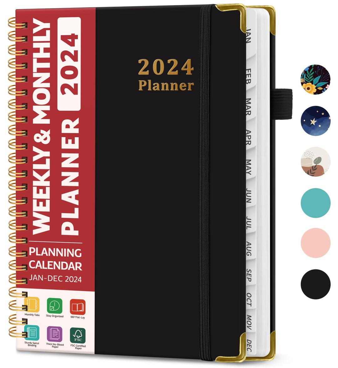 2024 Planner - Weekly and Monthly Planner Spiral Bound, Jan 2024 - Dec 2024, A5 (6.7" x 8.6"), Planner 2024 with Tabs, Inner Pocket, Helps To Keep Track Of Tasks - Black