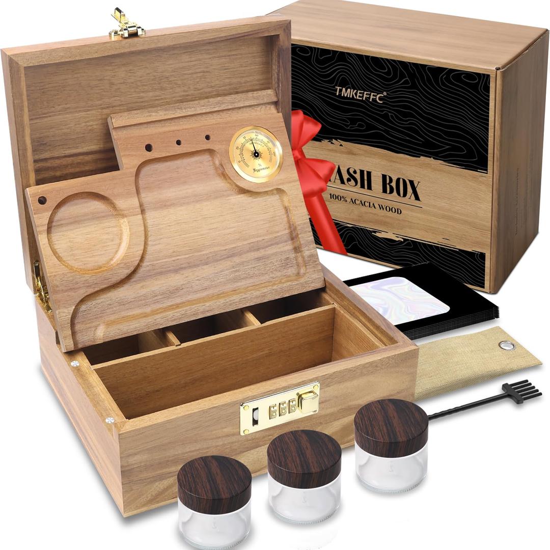 Large Wooden Box with Combination Lock,Humidity Meter,Removable Tray,10 Light-safe Aluminum Bags,Brush,3 Jar,Acacia Wood Box Upgrade