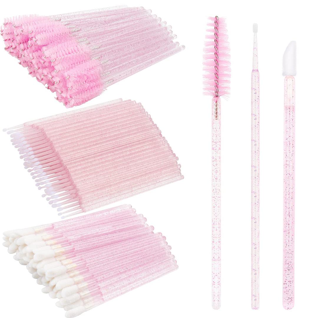 200Pcs Eyelash Extension Supplies Kit,Disposable Lash Spoolies Brushes Micro Swab Brushes Mascara Wand Lip Brushes for Eyelash Extension Tattoo Lipstick Applicator (Crystal Pink)