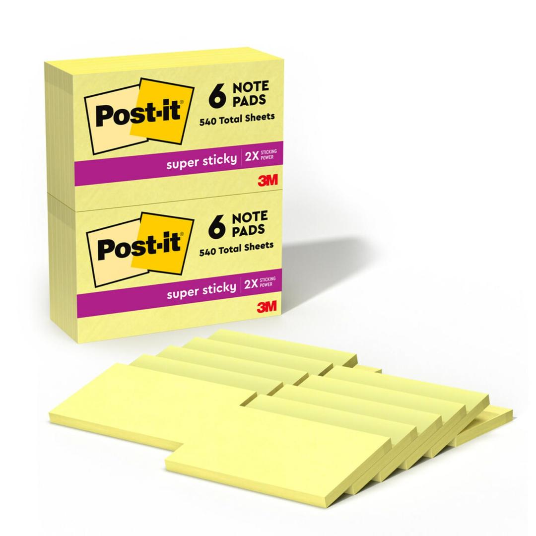 Post-itSuper Sticky Notes, 12 Sticky Note Pads, 3 x 5 in., School Supplies, Office Products, Sticky Notes for Vertical Surfaces, Monitors, Walls and Windows, Canary Yellow