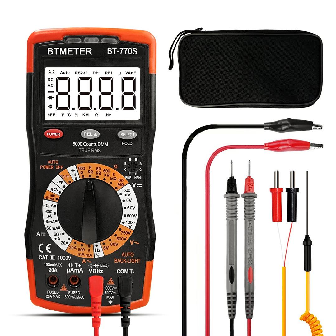 BTMETER BT-770S Multimeter Manual Ranging Electric Meter, for AC DC Volt Amp Ohm Capacitance Frequency with Continuity Tester, Auto Backlit for Automotive Hobbyist Electrical Home