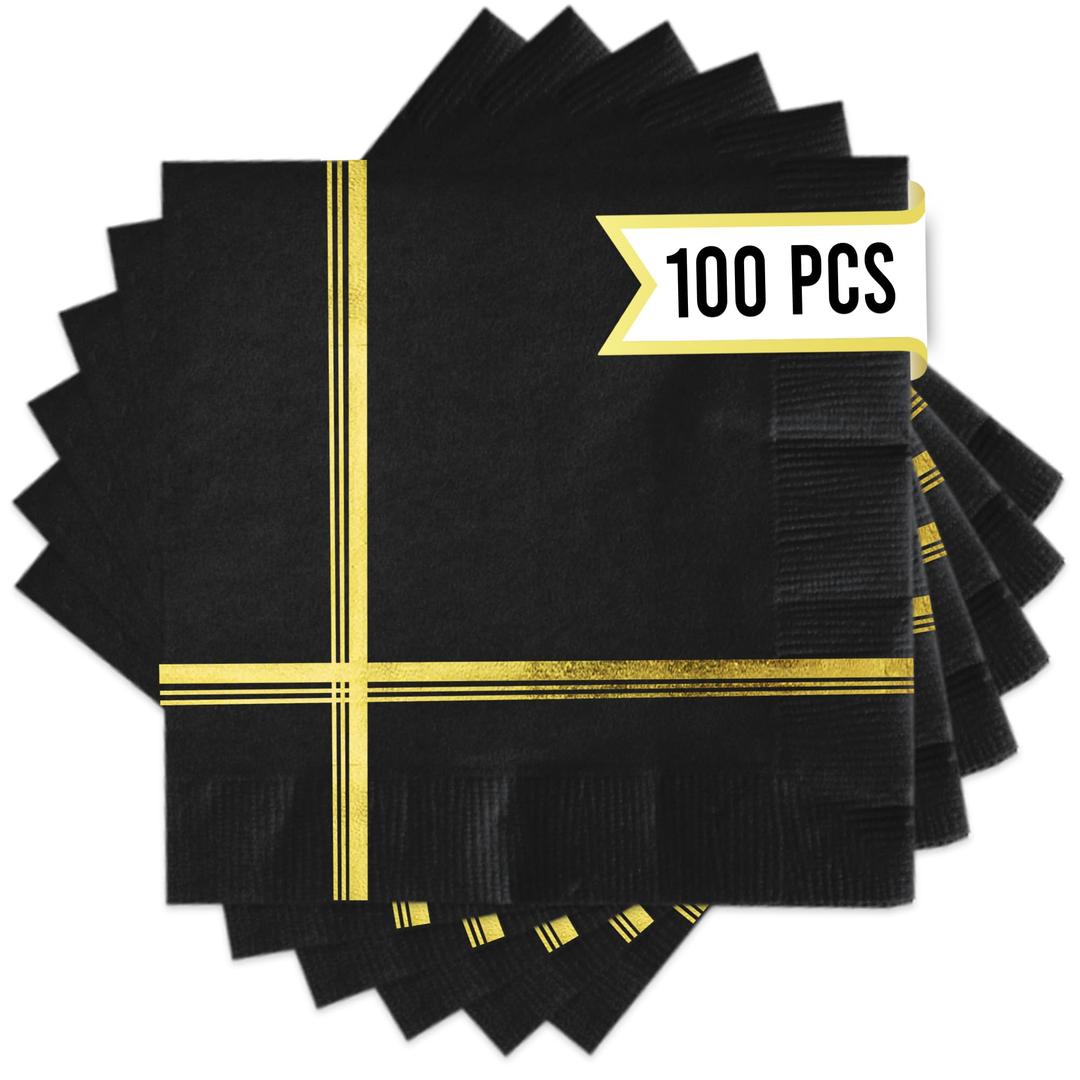 Black and Gold Napkins Disposable 100 Pcs, Black Cocktail Napkins 5 x 5 Inches Each, Gold Cocktail Napkins, Gold Trim Napkins, Gold Dessert Napkins, Black Dessert Napkins