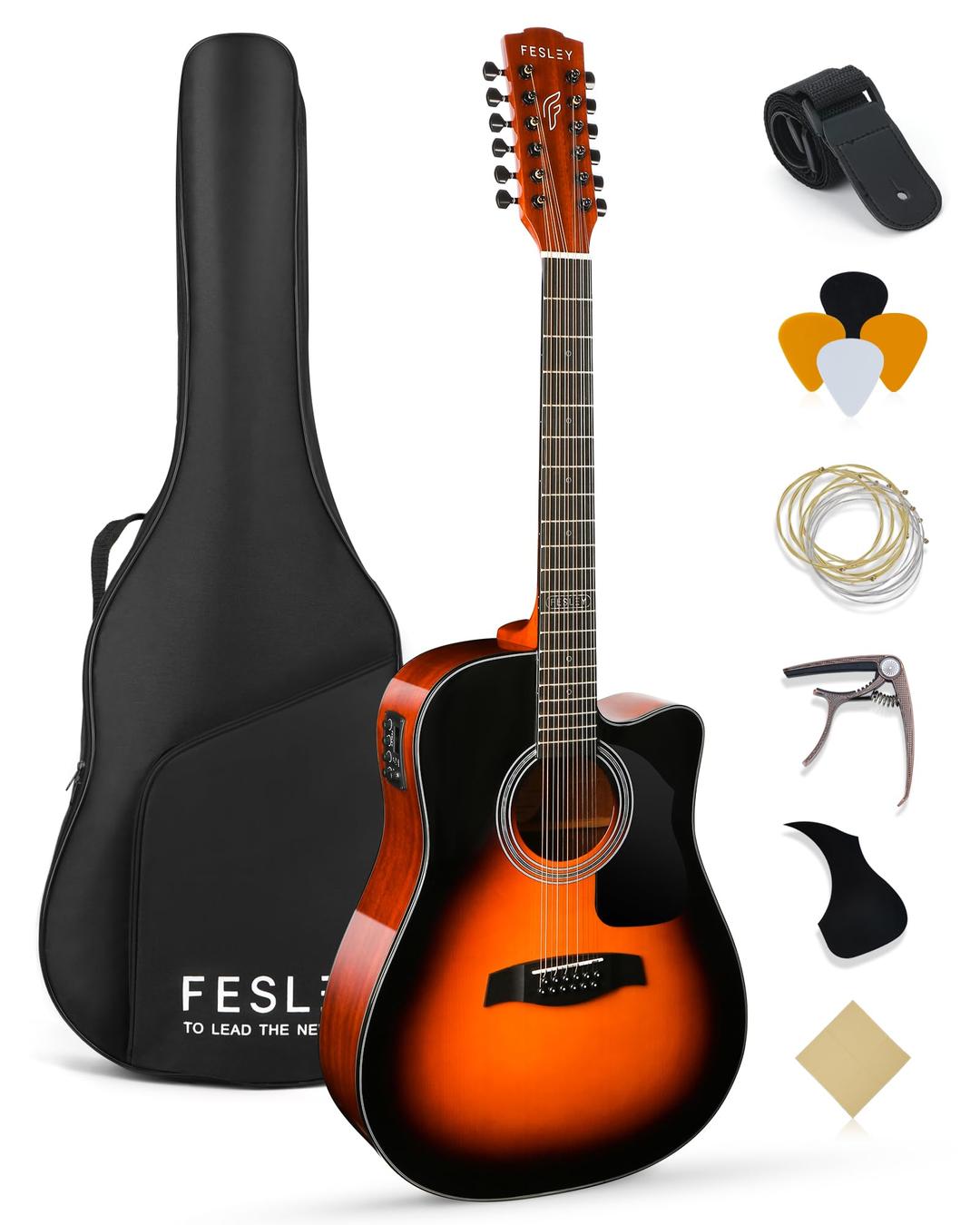 Fesley 12 String Guitar: 42" Full Size Acoustic Electric Guitars for Beginners Adults, Spruce Top Guitarra Acustica, Cutaway Guitar Bundle with Gig Bag, Picks, Strings, Strap, Gloss, Sunburst