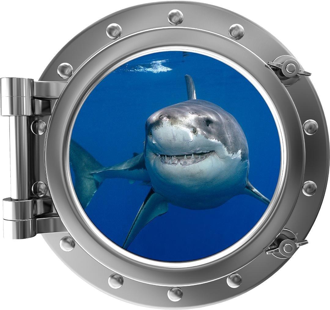 Shark 1 Porthole Ship Window Underwater 3D Silver Submarine View Great White Shark Decor Sticker Children's Kids Room Graphic