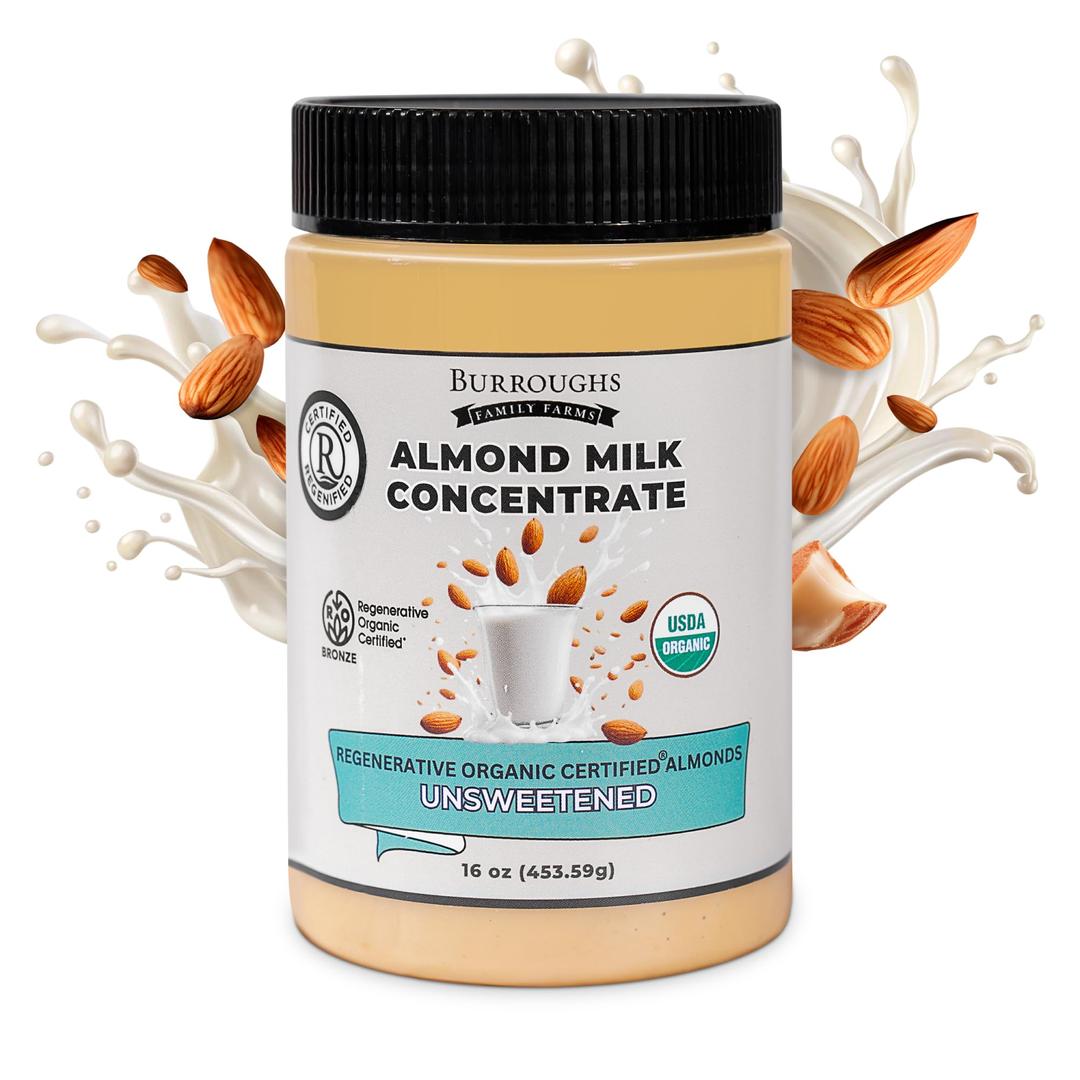 Burroughs Family Farms USDA Organic Almond Milk Concentrate, 16 Oz – First Regenerative Organic Certified Farm, Shelf-Stable, No Added Sugars or Preservatives –,Unsweetened Almond Milk On Demand, 28 Servings – Gluten-Free, Non-GMO, Vegan, Paleo & Keto-Friendly