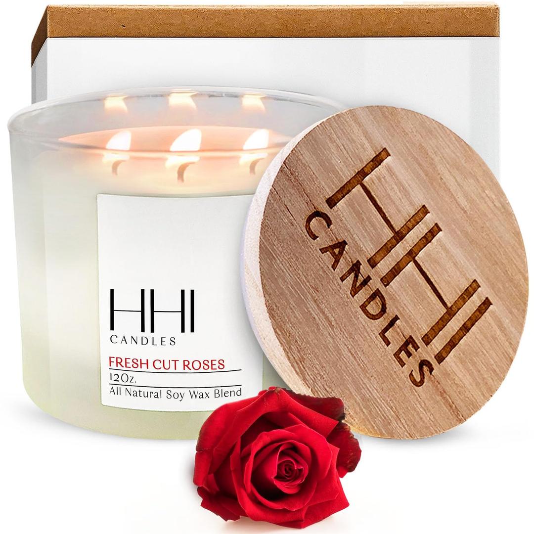 Rose Scented All-Natural Soy Candle | Fresh Cut Roses | Transports You to A Rose Garden | Large 12 Ounce Three Wick Candle | Long Burn time | Includes Bamboo Lid and Gift Box | HHI Candles