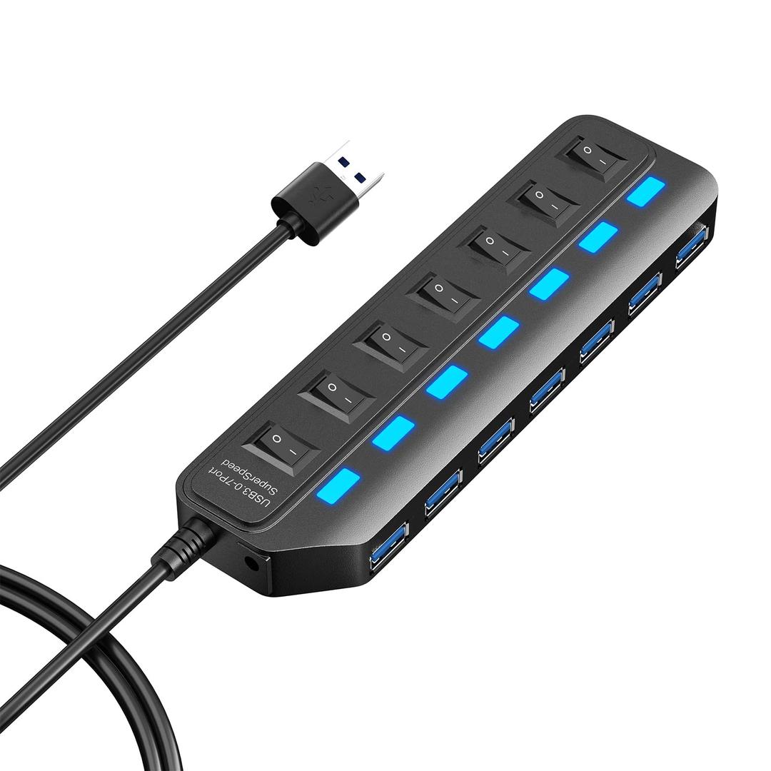 USB Hub 3.0, 7 Port USB Hub Splitter with Individual On/Off LED Switches, 5Gbps HighSpeed Data USB Extension for Laptop, iMac, USB Flash Drives, Mobile HDD, Printer, Camera and More