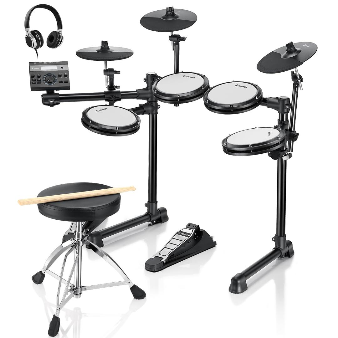 Electric Drums, Donner DED-200 LITE Electronic Drum Kit for Beginner with 450+ Sounds, USB MIDI, Quiet Mesh Pads, Throne, Headphones, Sticks and 40 Melodics Lessons