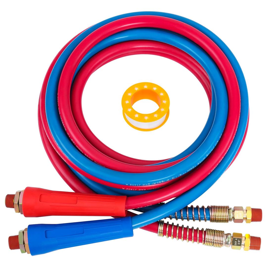 12 FT Semi Truck Air Line Hose Assembly Rubber Air Brake Hoses With Flexible Grips & DOT Fittings for Truck Trailer Tractor - (Red & Blue Color-Coded)