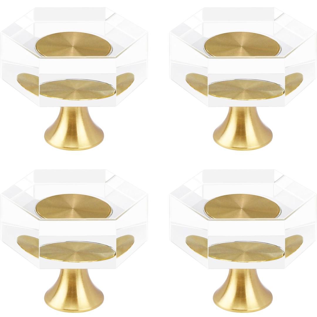 RZDEAL 4pcs Glass Crystal Cabinet Knobs Brass Drawer Knobs Dresser Pulls, Gold Funiture Hardware for Kitchen Drawer Dresser (1-3/16 Inch Hexagon)