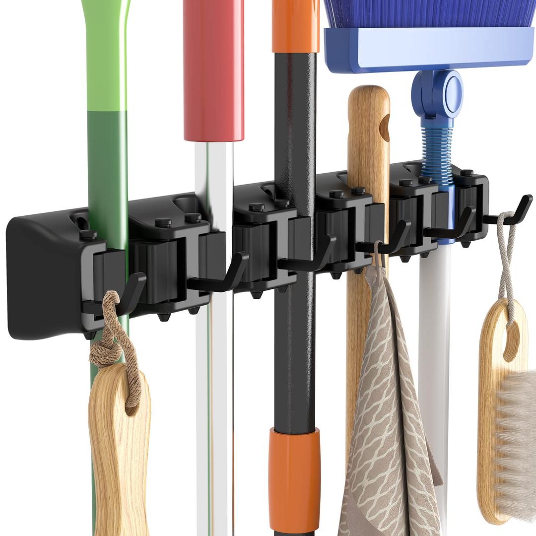 Lifewit Broom Mop Holder Wall Mounted，Heavy Duty Broom Storage with 5 Slot 6 Hooks, Utility Room Storage Solutions for Broom Cupboard Kitchen Bathroom Garage and Garden Tool Organiser, 1 Pack, Black