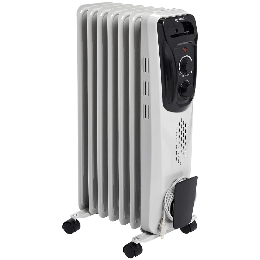 Amazon BasicsOil Heater, Radiator Heater for Indoor Use, With Over-Heat Protection, 7 Oil-Filled Steel Fins, 3 Heat Settings, ETL-certified Safety, 1500W, White, 11"D x 14.8"W x 25.2"H