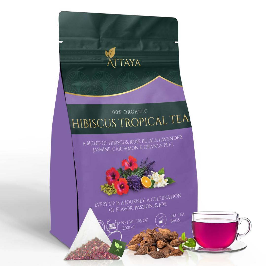 Attaya Organic Hibiscus Tea Bags | Organic Hibiscus Tropical Tea 7.05 oz | Blend of Hibiscus, Rose Petals, Lavender, Jasmine, Cardamom & Orange Peel, 100 Tea Bags