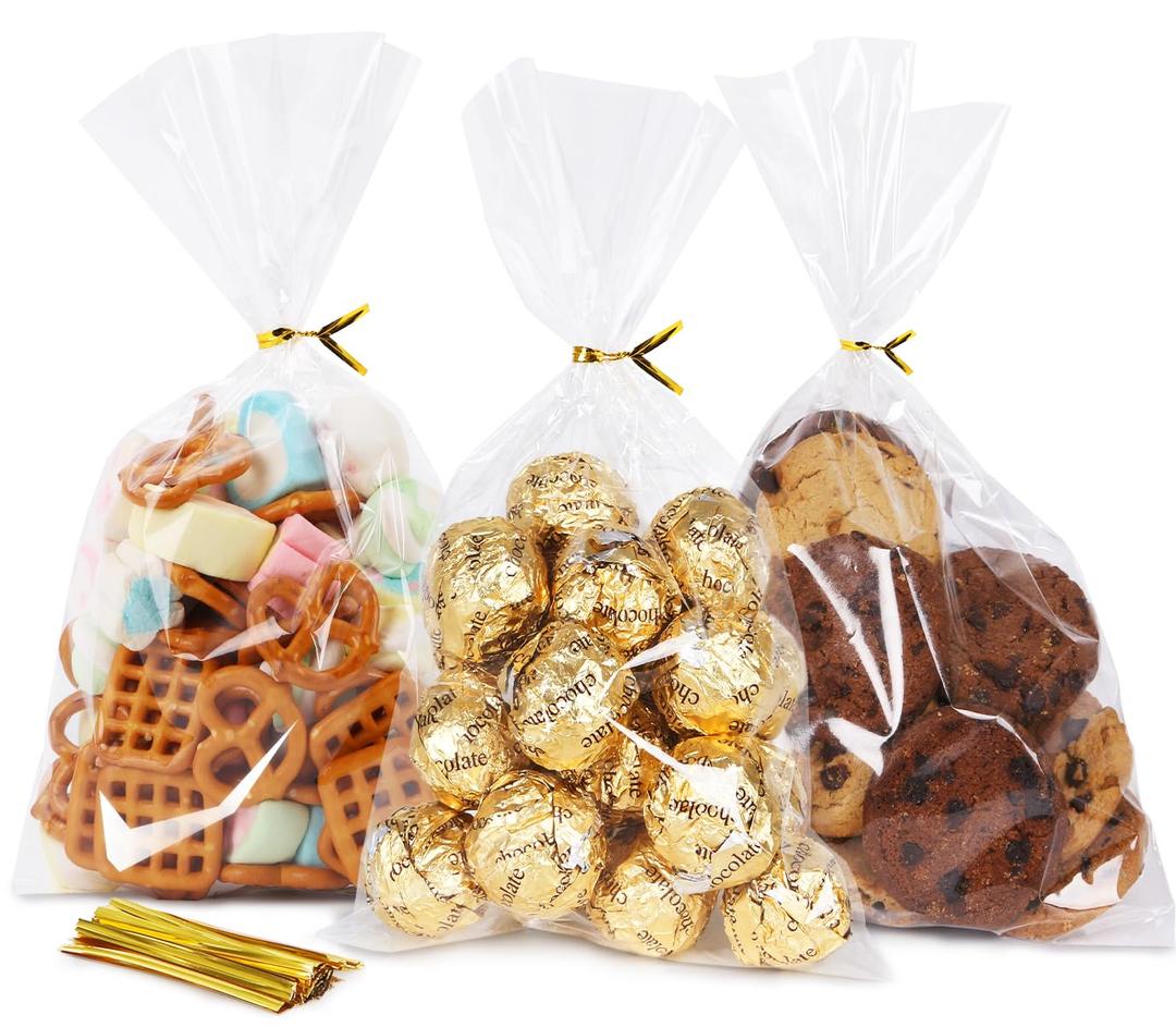 SUREHOME Cellophane Bags 100 Pack Clear Cellophane Treat Bags 6x10 In Cello Candy Bags for Party Favors Clear Gift Bags with Ties Plastic Gift Bags for Gift Giving Cookies Bakery Popcorn Goodie Wraps