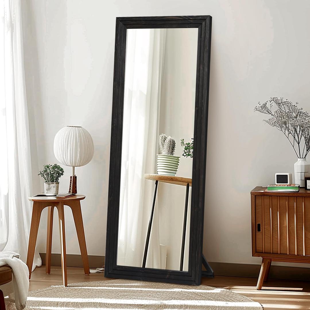 Full Length Mirror 65"x22" with Stand Solid Wood Frame Floor Large Mirror for Living Room, Bedroom Hanging Standing or Leaning Wall-Mounted, New Black