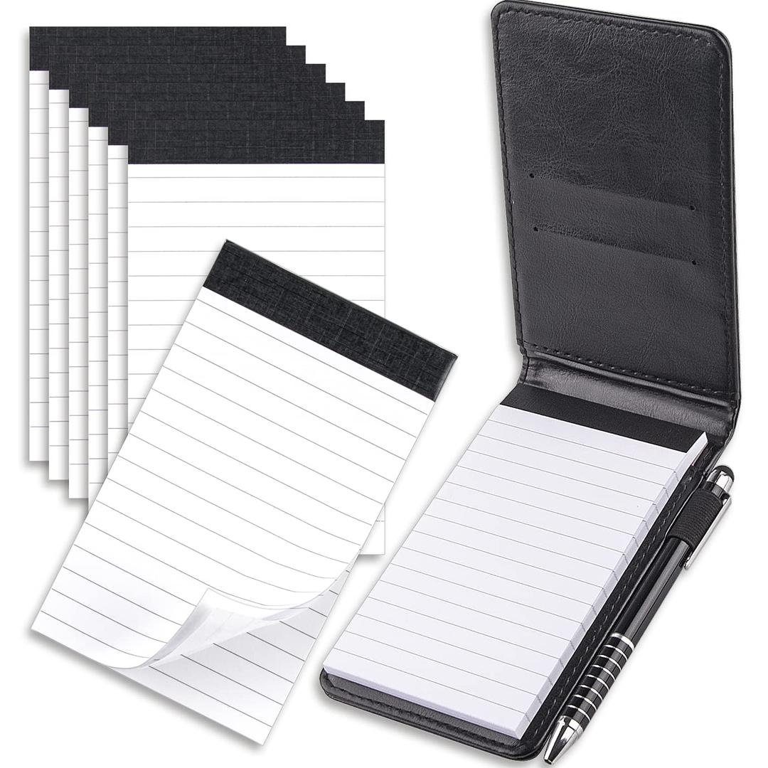 WXJ13 10 Pieces Mini Pocket Notepad Holder Set Included with 50 Lined Sheets, Metal Pen and 8 Pieces 3 x 5 Inch Memo Book Refills with 30 Lined Paper Per Note Pad, Black