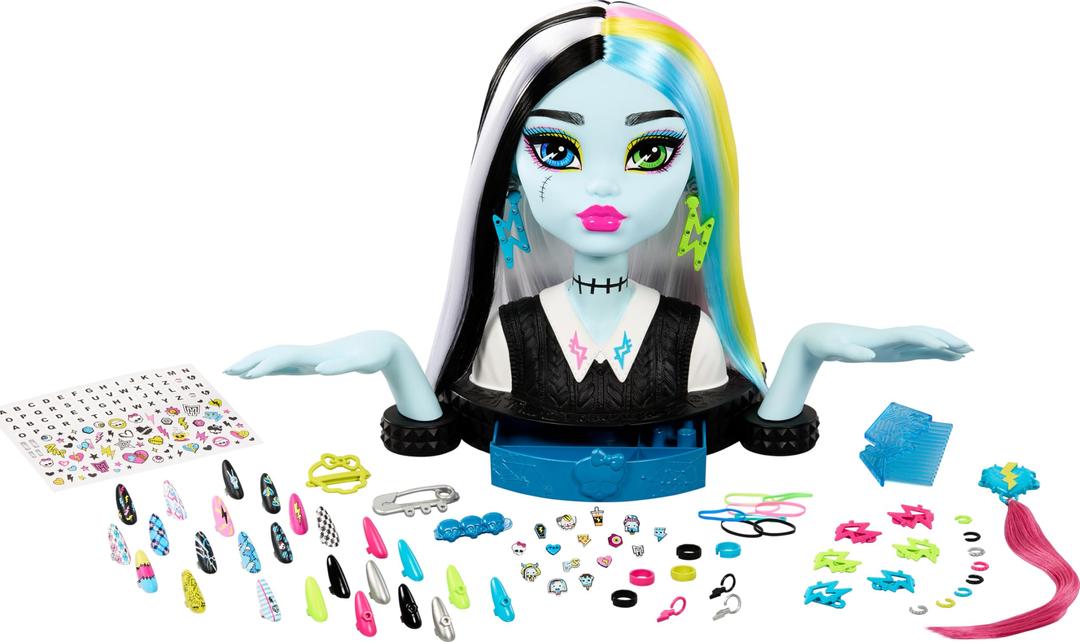 Monster HighFrankie Stein Doll Head for Hair Styling with 65+ Accessories Including Wear & Share Nails, Hair Ties, Barrettes & Stickers