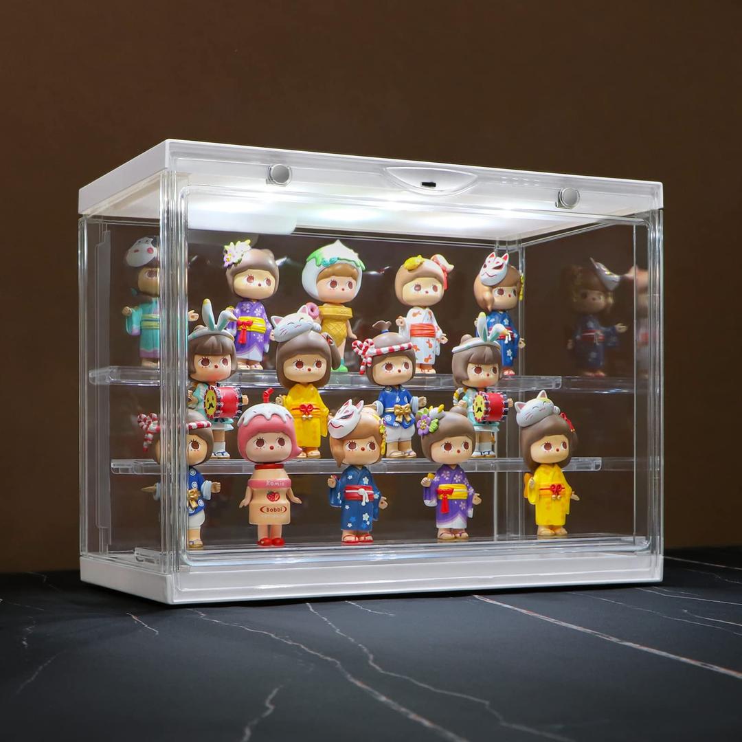 Clear Acrylic Display Case for Miniature Figures and Funko Pop - LED-Lit, Dustproof, Detachable Shelves - Stackable Showcase Display Cases for Collectibles Mini Toys