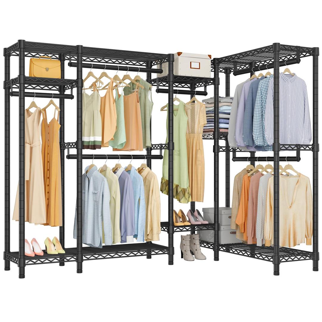 VIPEK L22 Corner Clothes Rack, L Shaped Heavy Duty Garment Rack, Corner Wardrobe Closet with Adjustable 8 Shelves & 6 Hanging Rods, Freestanding Corner Closet System, Max Load 1600LBS, Black