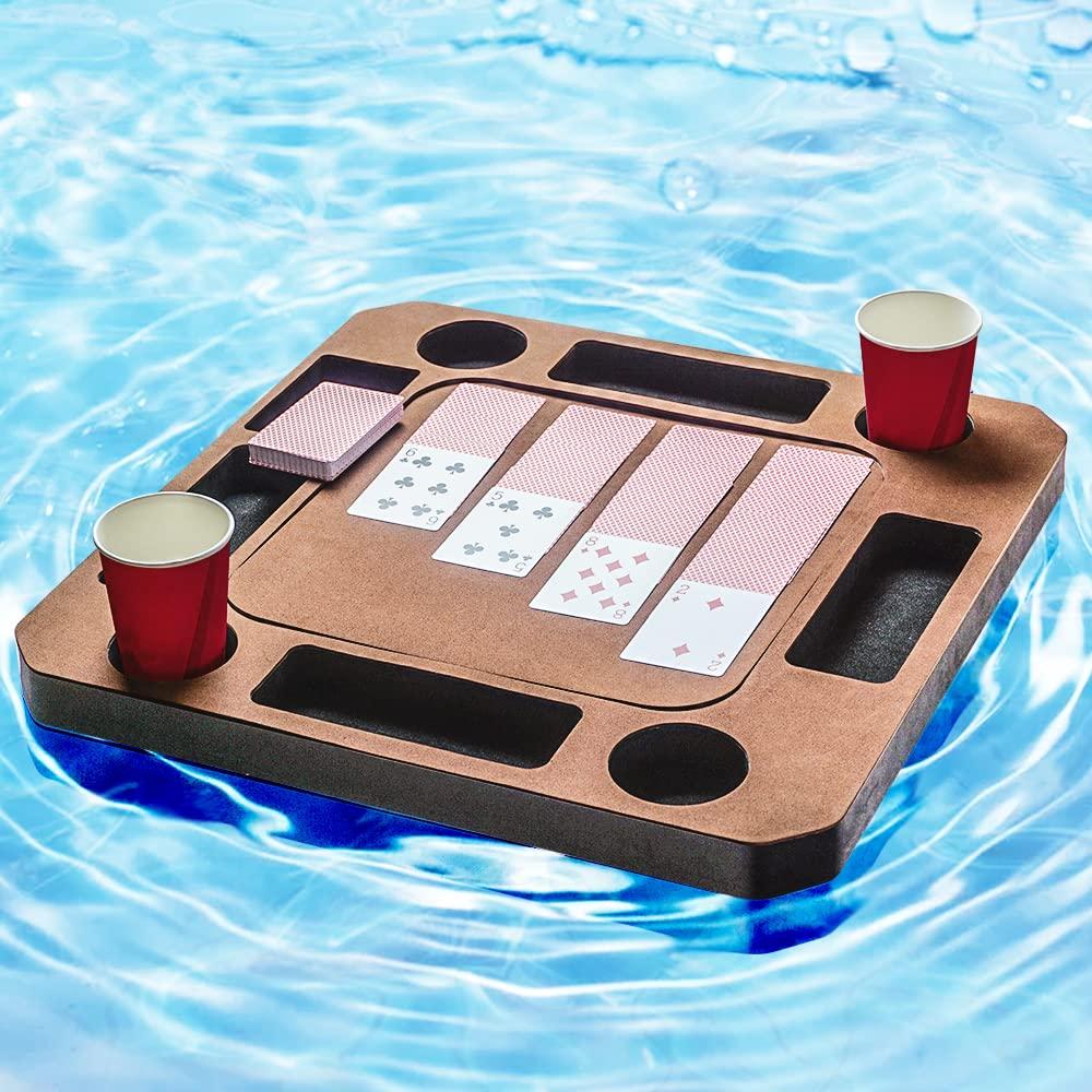 Floating Game or Card Table Tray for Pool or Beach Party Float Lounge Durable Foam Drink Holders with Waterproof Playing Cards (Brown)